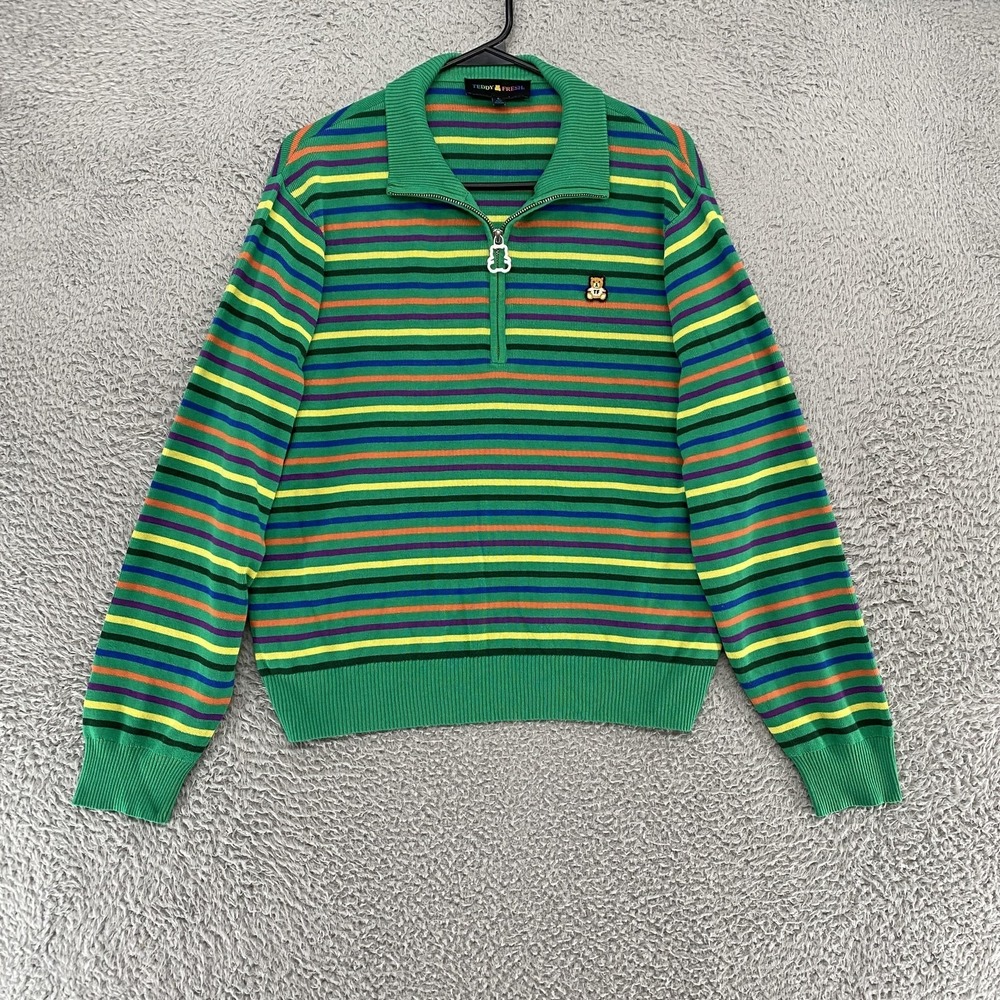 Teddy Fresh Sweater Womens Large Green Striped 1/4 Zip Collared‎ Knit Pullover